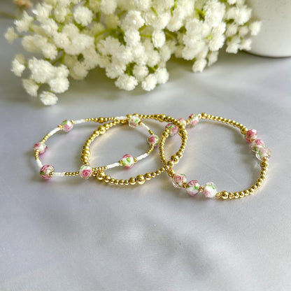 Floral Pink and Gold Bead Bracelet |  18k gold filled with Pink Floral and White Seed Beads| Coquette Bracelets | Bracelet Stack