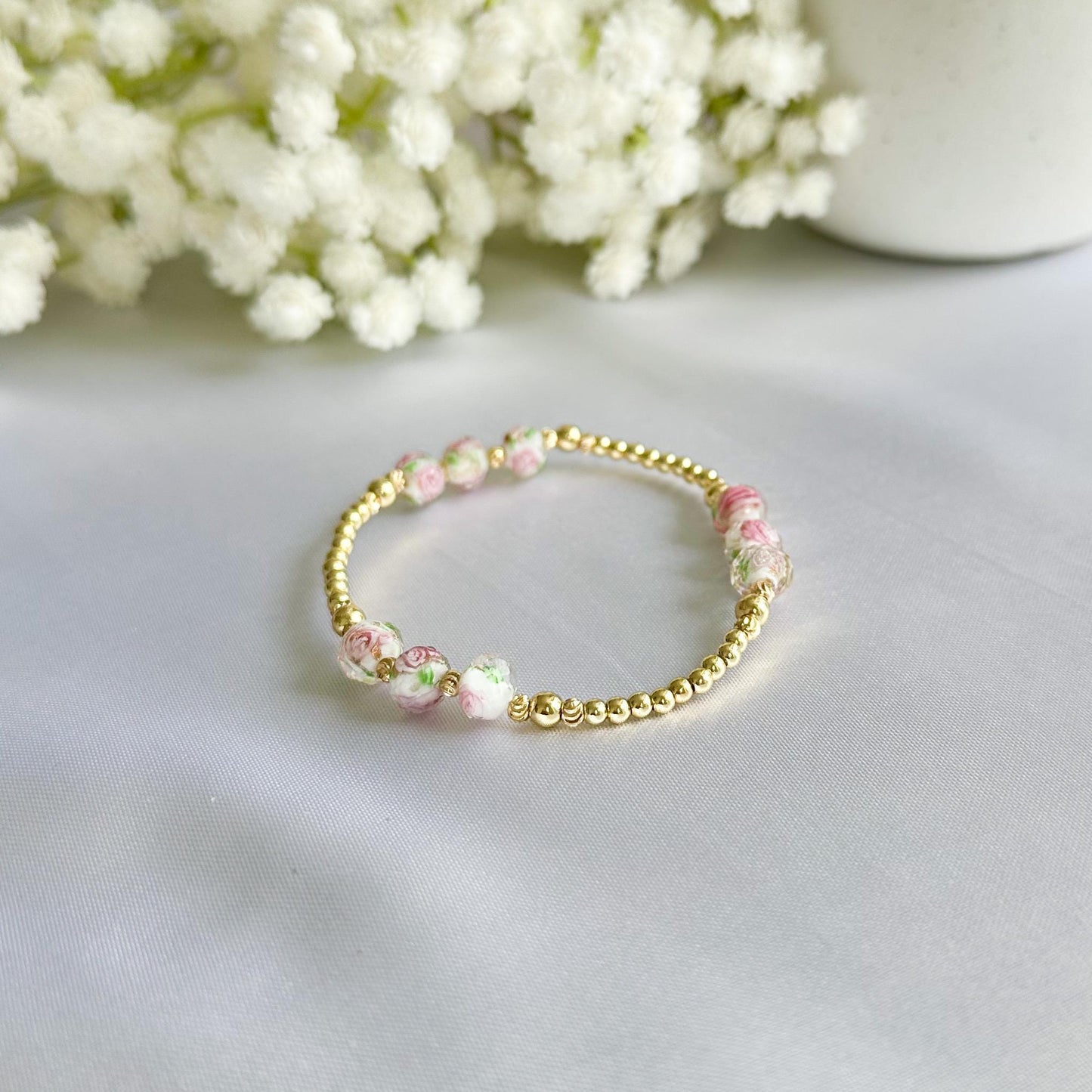 Floral pink and gold bead bracelet | 18k gold filled beads with pink floral bead bracelets
