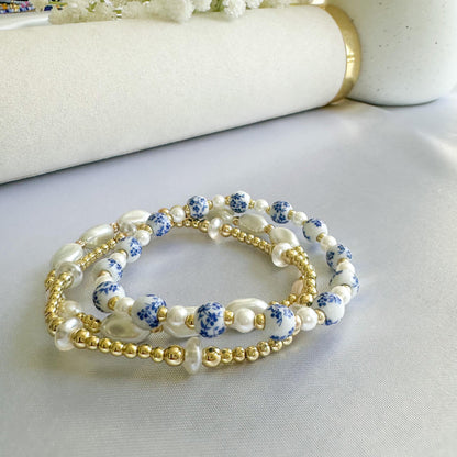 Blue floral bead  with Pearl and gold bracelet stack/ gold filled/ painted bead bracelet set/ Pearl bracelets / painted beads