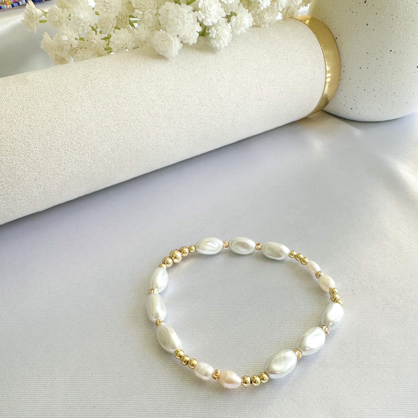 Blue floral bead  with Pearl and gold bracelet stack/ gold filled/ painted bead bracelet set/ Pearl bracelets / painted beads