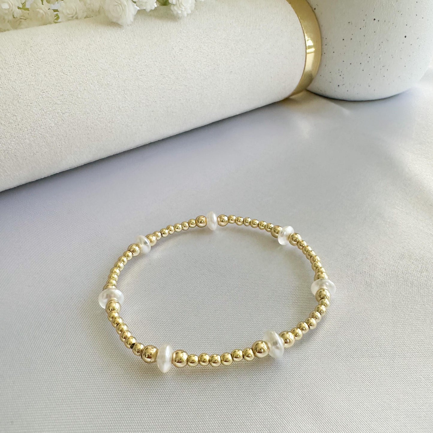 Blue floral bead  with Pearl and gold bracelet stack/ gold filled/ painted bead bracelet set/ Pearl bracelets / painted beads