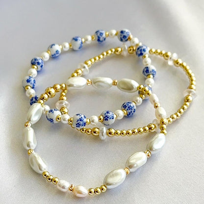 Blue floral bead  with Pearl and gold bracelet stack/ gold filled/ painted bead bracelet set/ Pearl bracelets / painted beads