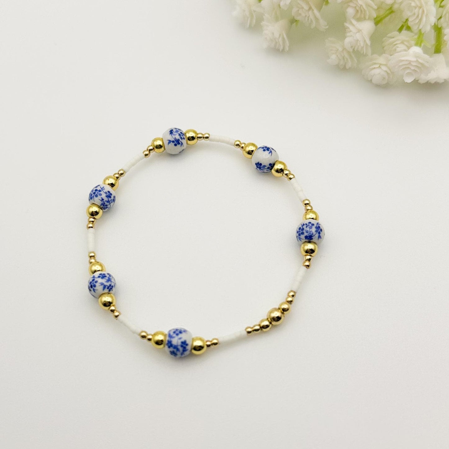Floral blue and gold bead bracelet| 18k gold filled beads with blue porcelain beads