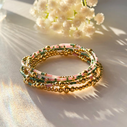Spring Bloom | 18k Gold Filled with Green and Pink Bracelet Stack | Beaded Stretch Bracelet | Tiny Bead Bracelet