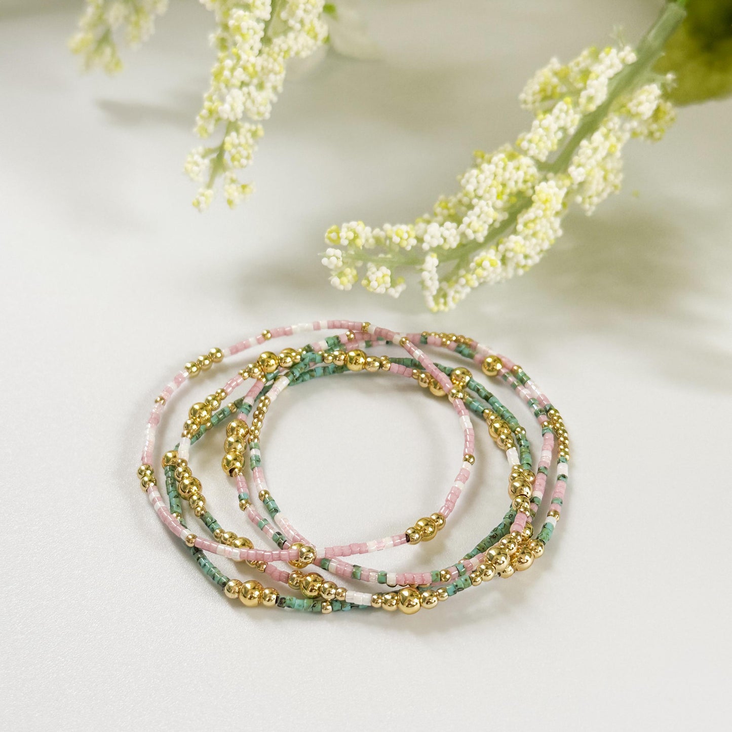 Spring Bloom | 18k gold filled with green and pink bracelet stack | beaded stretch bracelet | tiny bead bracelet | seed bead | bracelet set