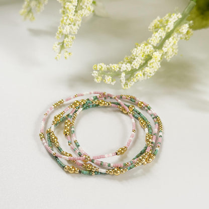 Spring Bloom | 18k Gold Filled with Green and Pink Bracelet Stack | Beaded Stretch Bracelet | Tiny Bead Bracelet