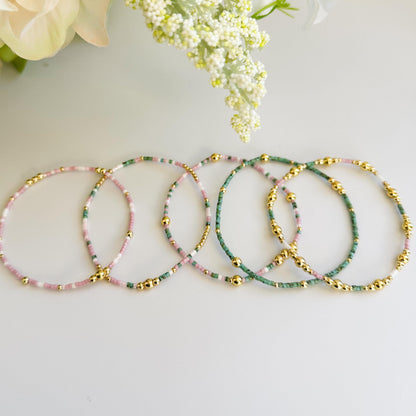 Spring Bloom | 18k Gold Filled with Green and Pink Bracelet Stack | Beaded Stretch Bracelet | Tiny Bead Bracelet