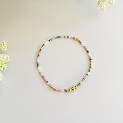 Spring Bloom | 18k Gold Filled with Green and Pink Bracelet Stack | Beaded Stretch Bracelet | Tiny Bead Bracelet