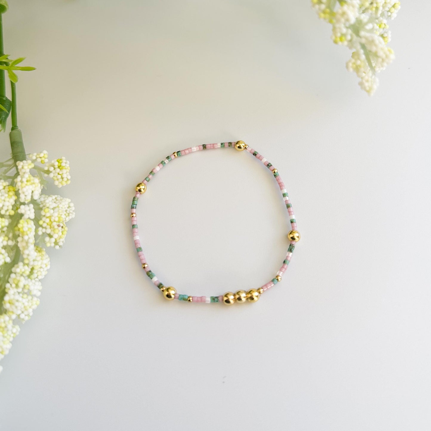 Spring Bloom | 18k gold filled with green and pink bracelet stack | beaded stretch bracelet | tiny bead bracelet | seed bead | bracelet set