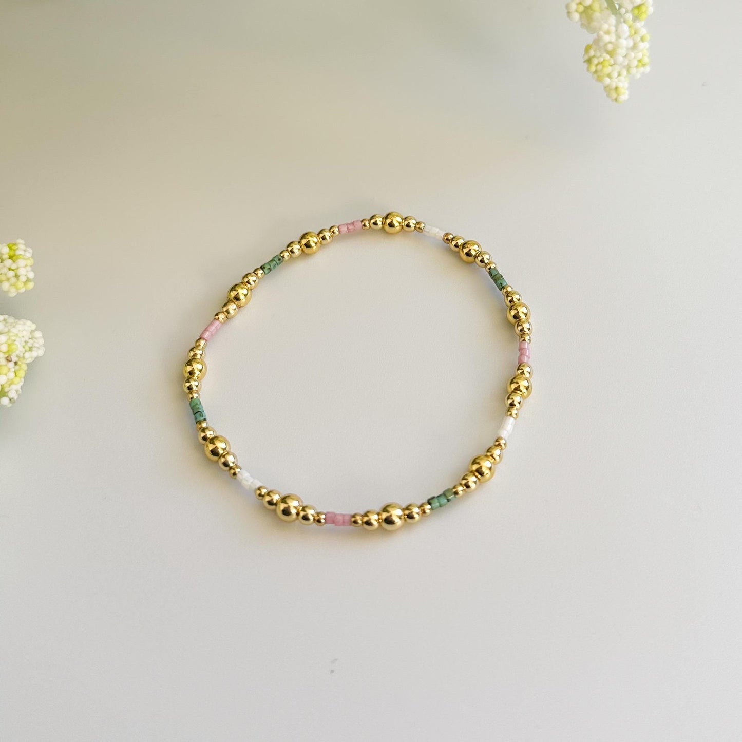 Spring Bloom | 18k gold filled with green and pink bracelet stack | beaded stretch bracelet | tiny bead bracelet | seed bead | bracelet set