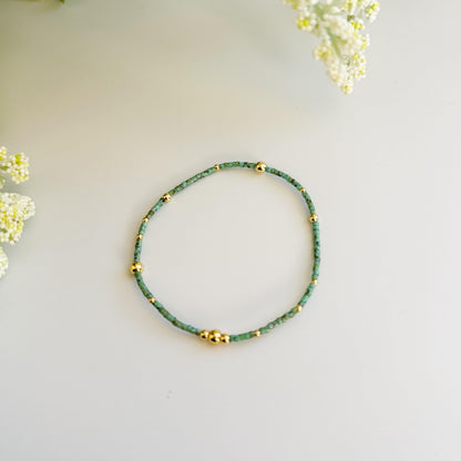 Spring Bloom | 18k Gold Filled with Green and Pink Bracelet Stack | Beaded Stretch Bracelet | Tiny Bead Bracelet