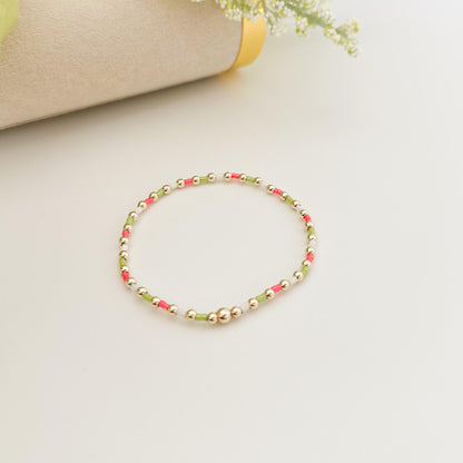 Blossom| Neon Pink Seed Bead Bracelet | 14k Gold Filled Stacking Bracelet