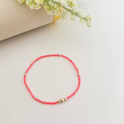 Blossom| Neon Pink Seed Bead Bracelet | 14k Gold Filled Stacking Bracelet