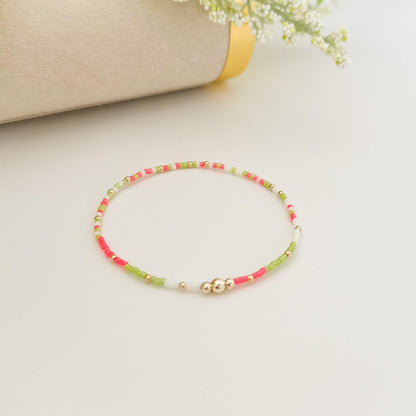 Blossom| Neon Pink Seed Bead Bracelet | 14k Gold Filled Stacking Bracelet
