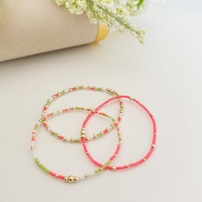 Blossom| Neon Pink Seed Bead Bracelet | 14k Gold Filled Stacking Bracelet
