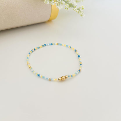 Ocean breeze | 18k gold filled with blue and yellow bracelet stack | beaded stretch bracelet | tiny bead bracelet | seed bead | bracelet set