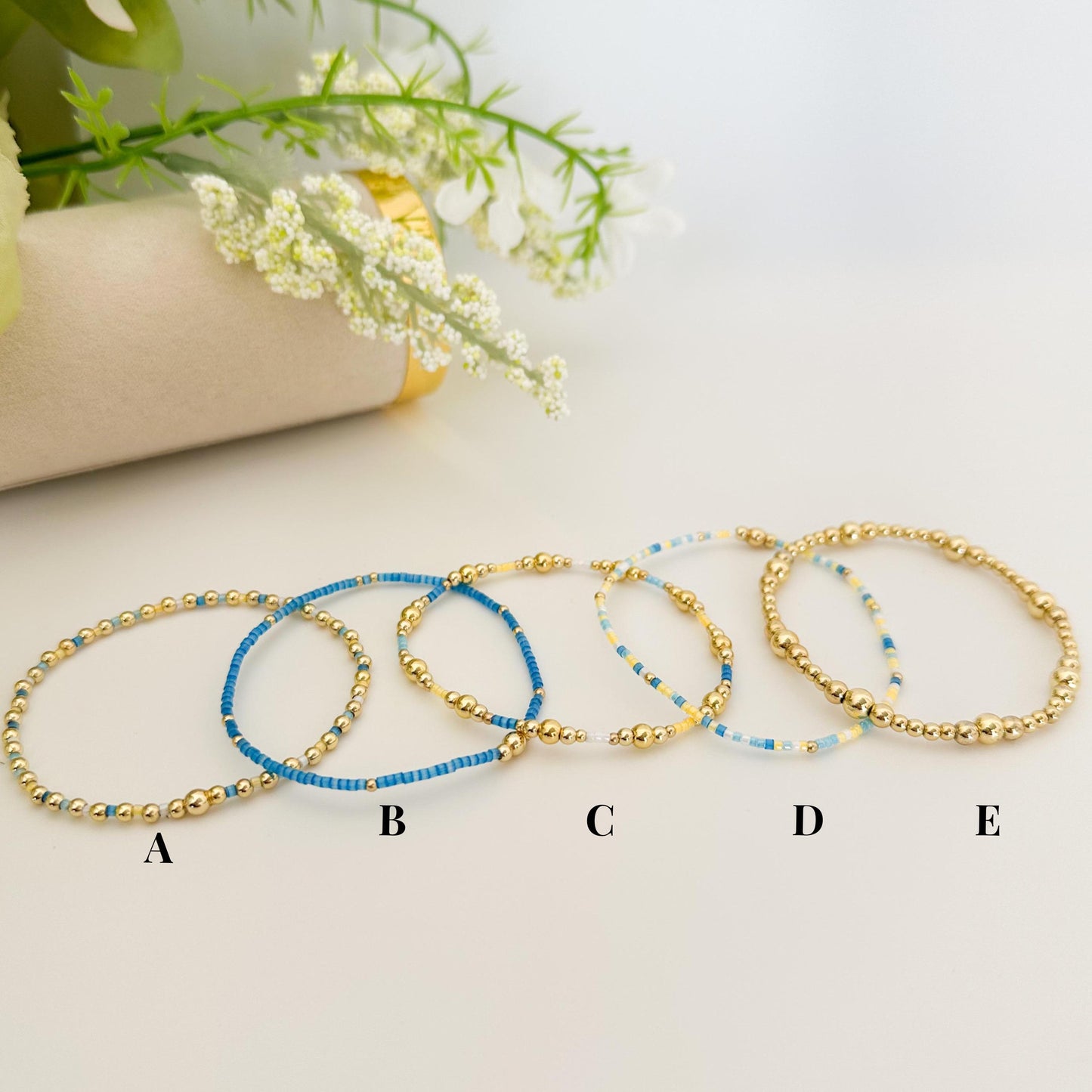 Ocean breeze | 18k gold filled with blue and yellow bracelet stack | beaded stretch bracelet | tiny bead bracelet | seed bead | bracelet set
