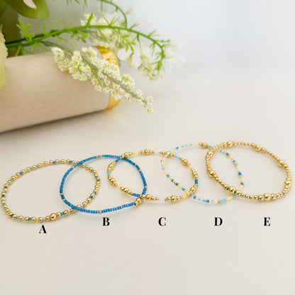 Ocean breeze | 18k gold filled with blue and yellow bracelet stack | beaded stretch bracelet | tiny bead bracelet | seed bead | bracelet set