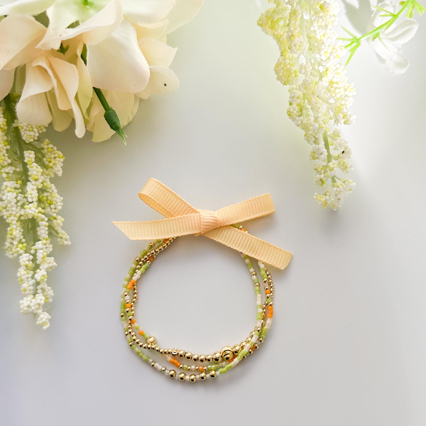 Orange and Cream 3 Piece Stack | 18k Gold Filled Seed Bead Bracelet Stack: Orange, Green, Cream | Tiny Bead Bracelet