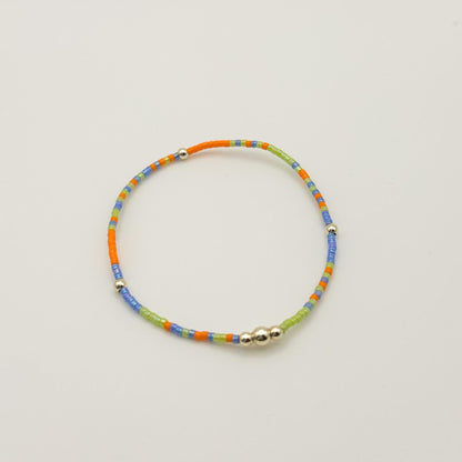Vacay Fun | 4k Gold Filled Seed Bead Bracelet Stack: Green, Blue & Orange | beaded stretch bracelet | tiny bead | bright