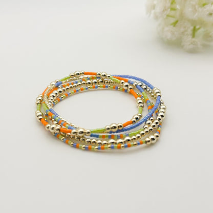 Vacay Fun | 4k Gold Filled Seed Bead Bracelet Stack: Green, Blue & Orange | beaded stretch bracelet | tiny bead | bright