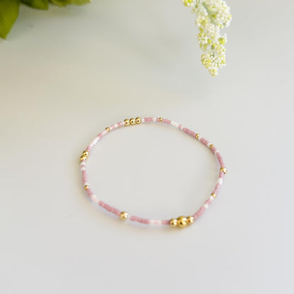Spring Bloom | 18k Gold Filled with Green and Pink Bracelet Stack | Beaded Stretch Bracelet | Tiny Bead Bracelet