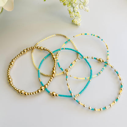 Beachy | 18k gold filled with teal and yellow  bracelet stack | beaded stretch bracelet | tiny bead bracelet | seed bead | bracelet set