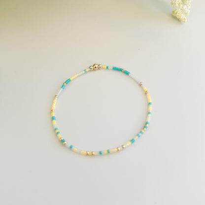 Beachy | 18k gold filled with teal and yellow  bracelet stack | beaded stretch bracelet | tiny bead bracelet | seed bead | bracelet set