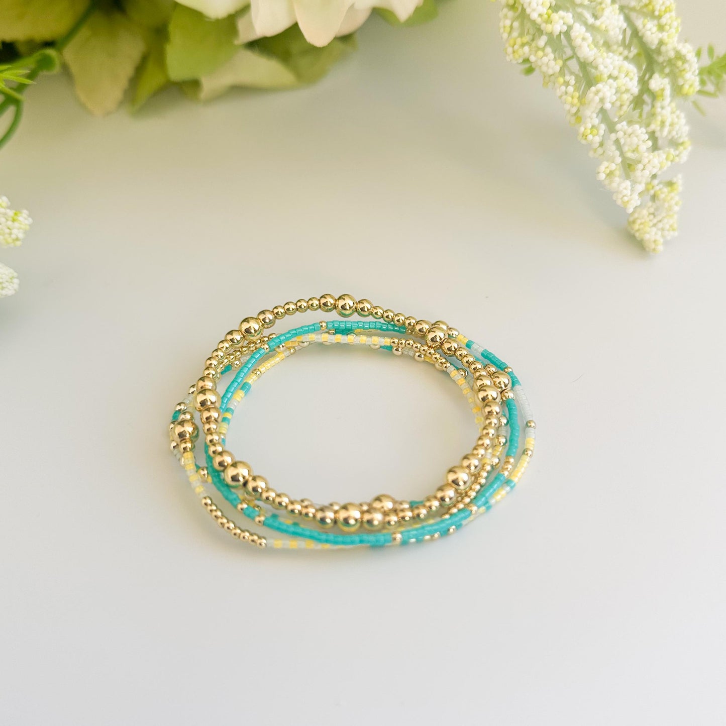 Beachy | 18k gold filled with teal and yellow  bracelet stack