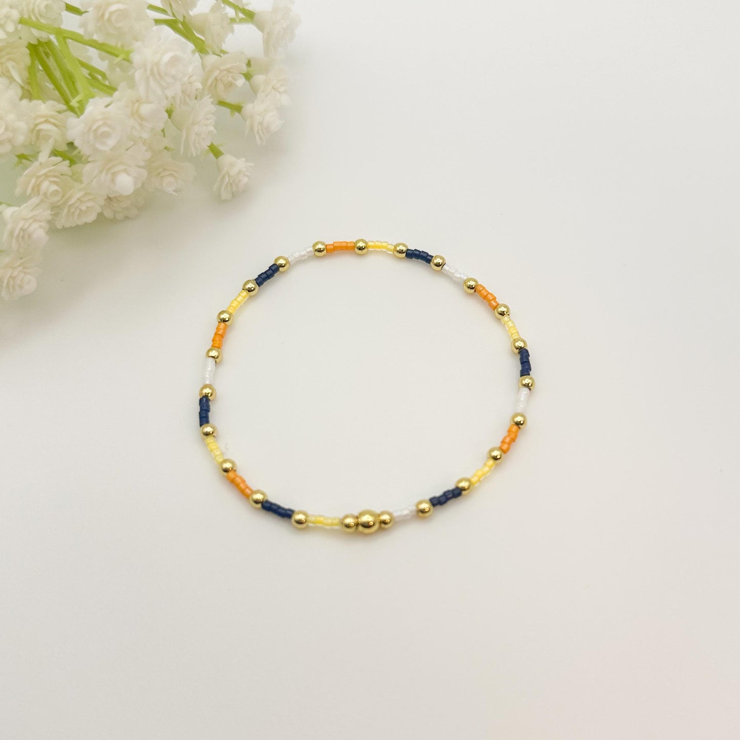 Sunkissed | 18k gold filled with navy, orange & yellow bracelet stack | beaded stretch bracelet | tiny bead bracelet | seed bead bracelets