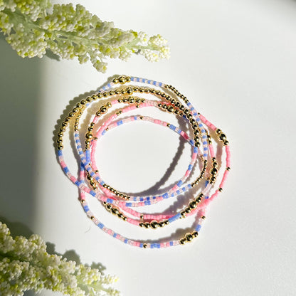 Cotton Candy | 18k gold filled with pink and indigo bracelet stack | beaded stretch bracelet | tiny bead bracelet | seed bead | gift set
