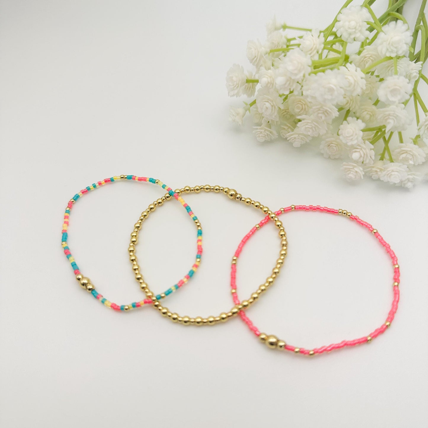 Colorful Mix 3 Piece Bracelet Stack | 18k Gold Filled with Poppy Red, Yellow and Teal Seed Beads| Tiny Bead Bracelet | Stretch bracelet Stack