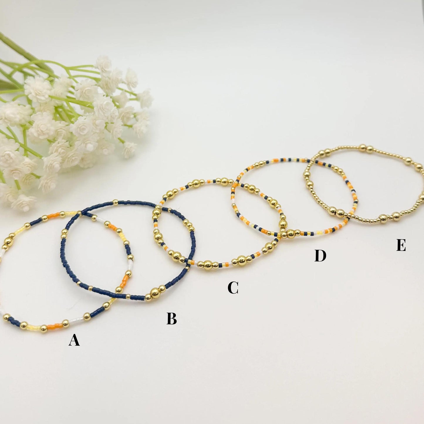 Sunkissed | 18k gold filled with navy, orange & yellow bracelet stack | beaded stretch bracelet | tiny bead bracelet | seed bead bracelets