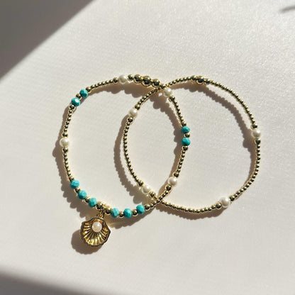 Seashell and pearl charm bracelet set | 18k gold filled teal and pearl bracelet | stretch bracelet | gold bracelets |beachy jewelry | summer