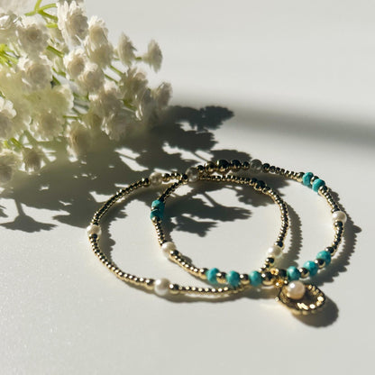 Seashell and pearl charm bracelet set | 18k gold filled teal and pearl bracelet | stretch bracelet | gold bracelets |beachy jewelry | summer