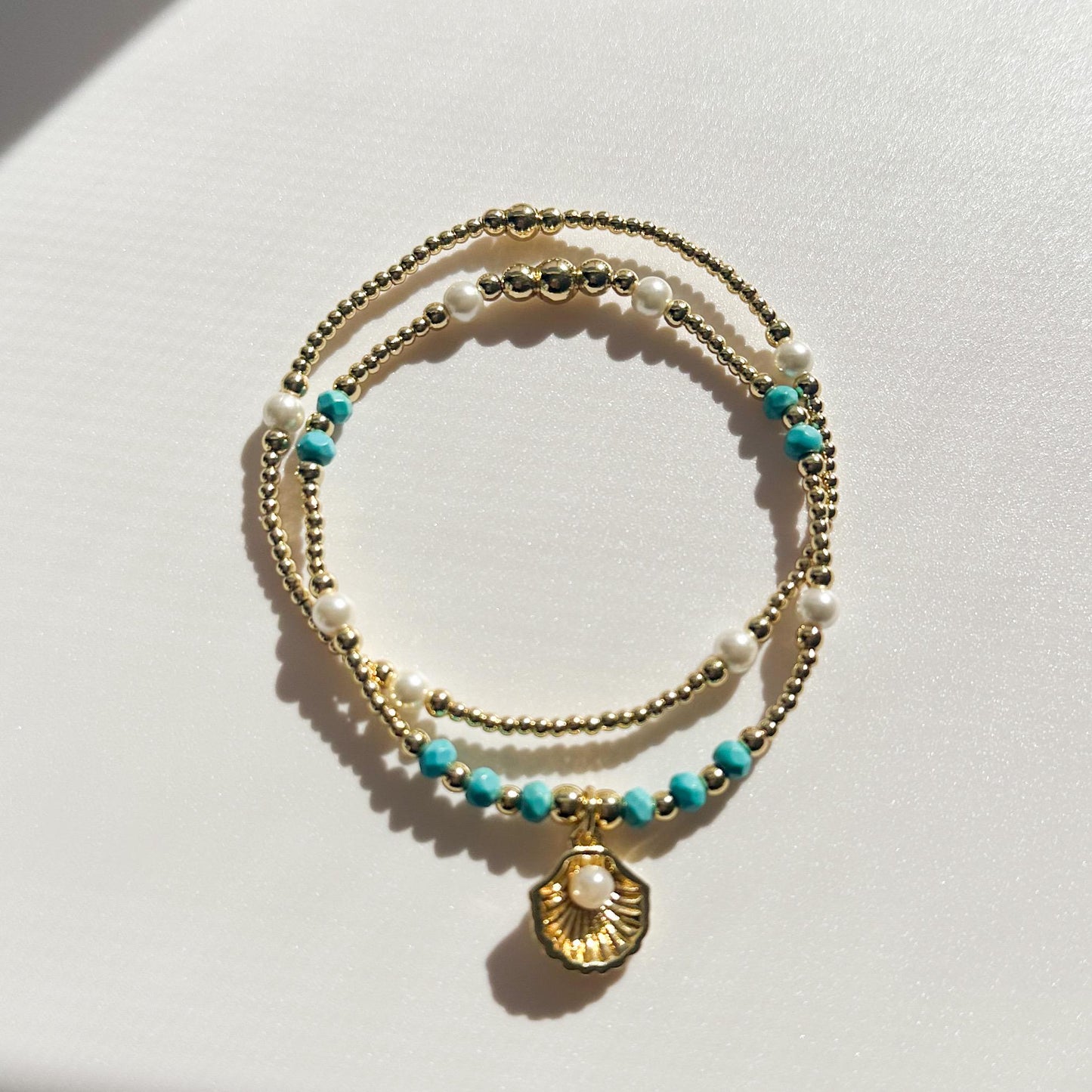 Seashell and pearl charm bracelet set | 18k gold filled teal and pearl bracelet