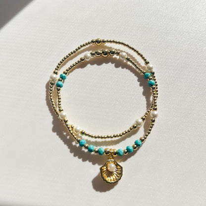 Seashell and pearl charm bracelet set | 18k gold filled teal and pearl bracelet | stretch bracelet | gold bracelets |beachy jewelry | summer