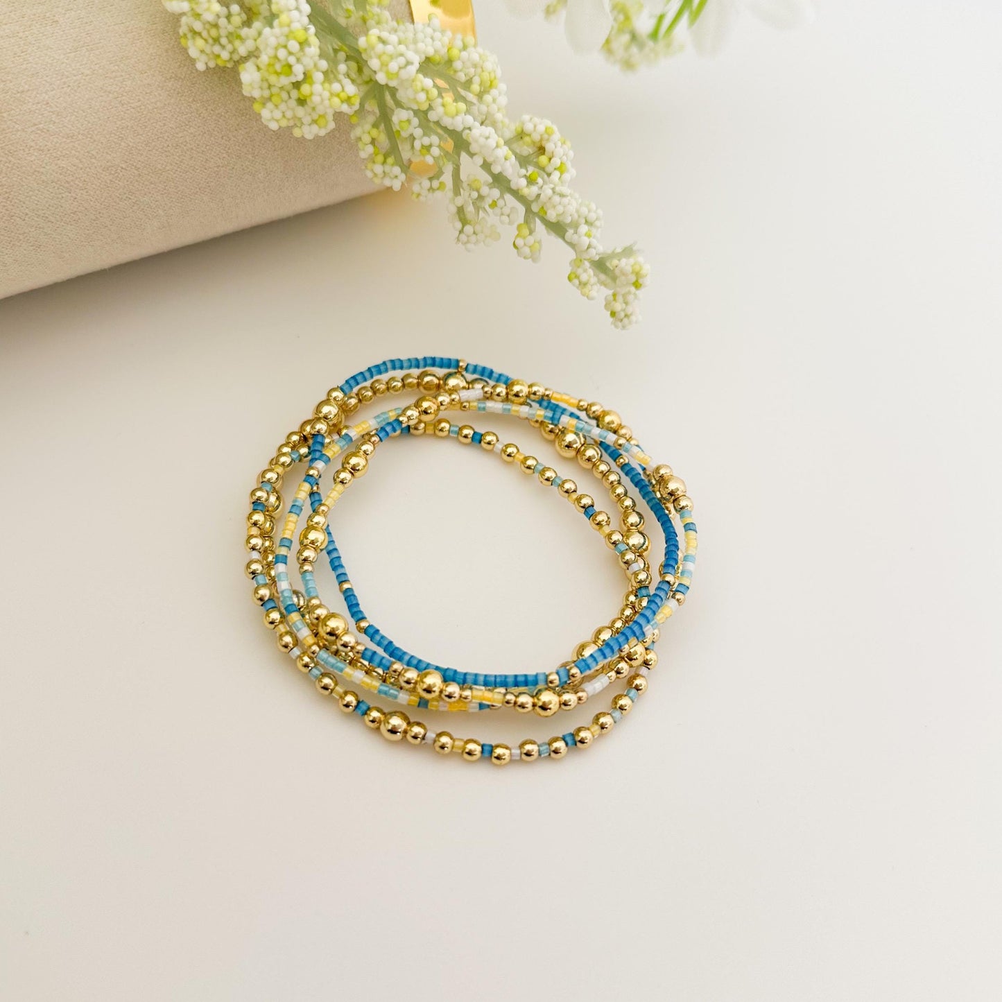 Ocean breeze | 18k gold filled with blue and yellow bracelet stack | beaded stretch bracelet | tiny bead bracelet | seed bead | bracelet set