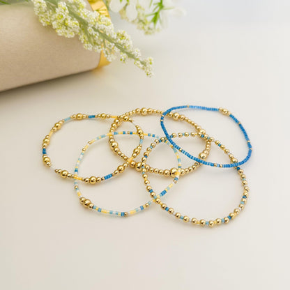 Ocean breeze | 18k gold filled with blue and yellow bracelet stack | beaded stretch bracelet | tiny bead bracelet | seed bead | bracelet set