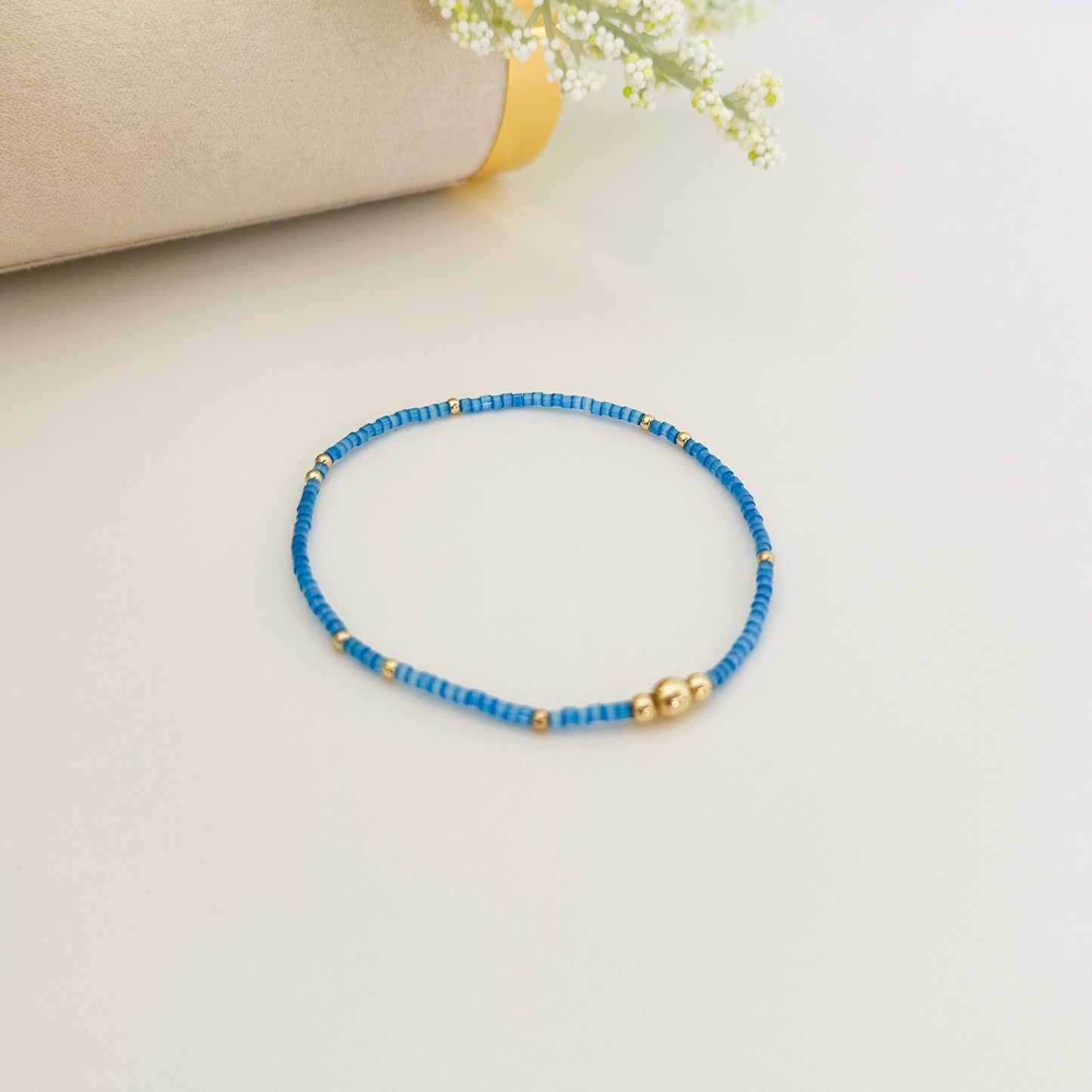 Ocean breeze | 18k gold filled with blue and yellow bracelet stack | beaded stretch bracelet | tiny bead bracelet | seed bead | bracelet set