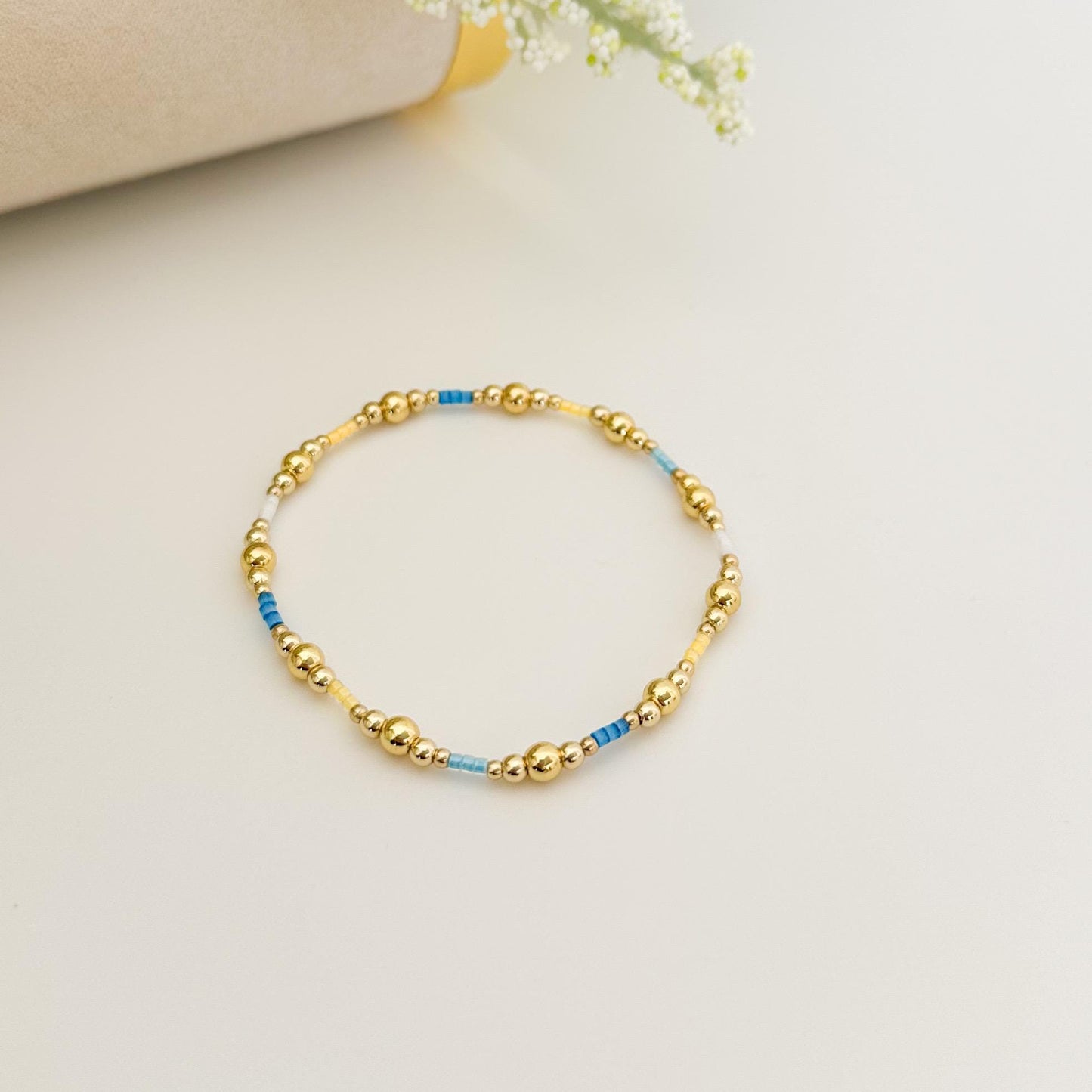 Ocean breeze | 18k gold filled with blue and yellow bracelet stack | beaded stretch bracelet | tiny bead bracelet | seed bead | bracelet set