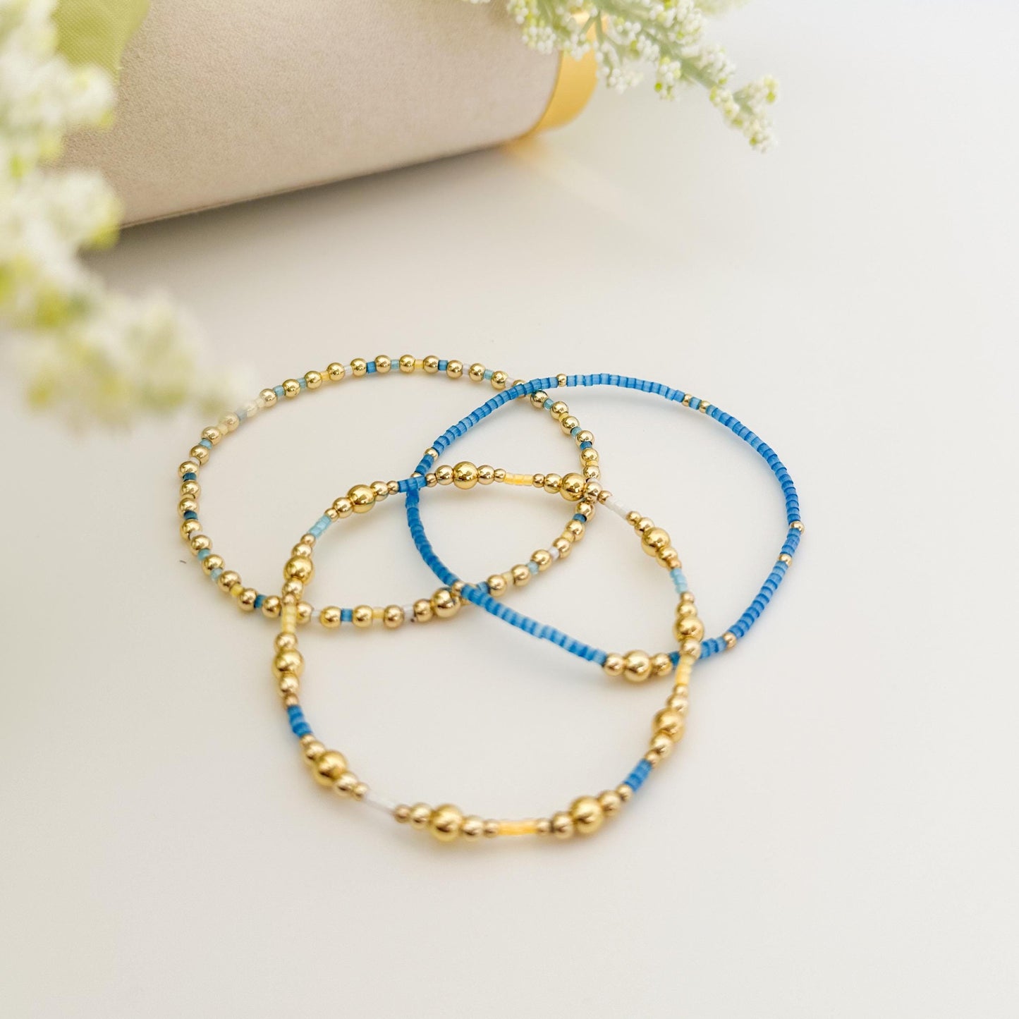 Ocean breeze | 18k gold filled with blue and yellow bracelet stack | beaded stretch bracelet | tiny bead bracelet | seed bead | bracelet set
