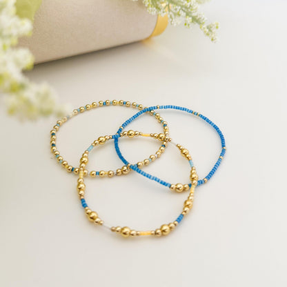 Ocean breeze | 18k gold filled with blue and yellow bracelet stack | beaded stretch bracelet | tiny bead bracelet | seed bead | bracelet set
