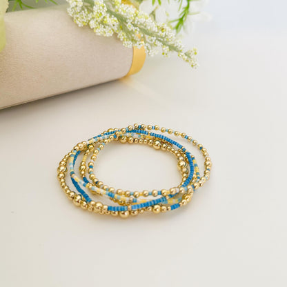 Ocean breeze | 18k gold filled with blue and yellow bracelet stack | beaded stretch bracelet | tiny bead bracelet | seed bead | bracelet set