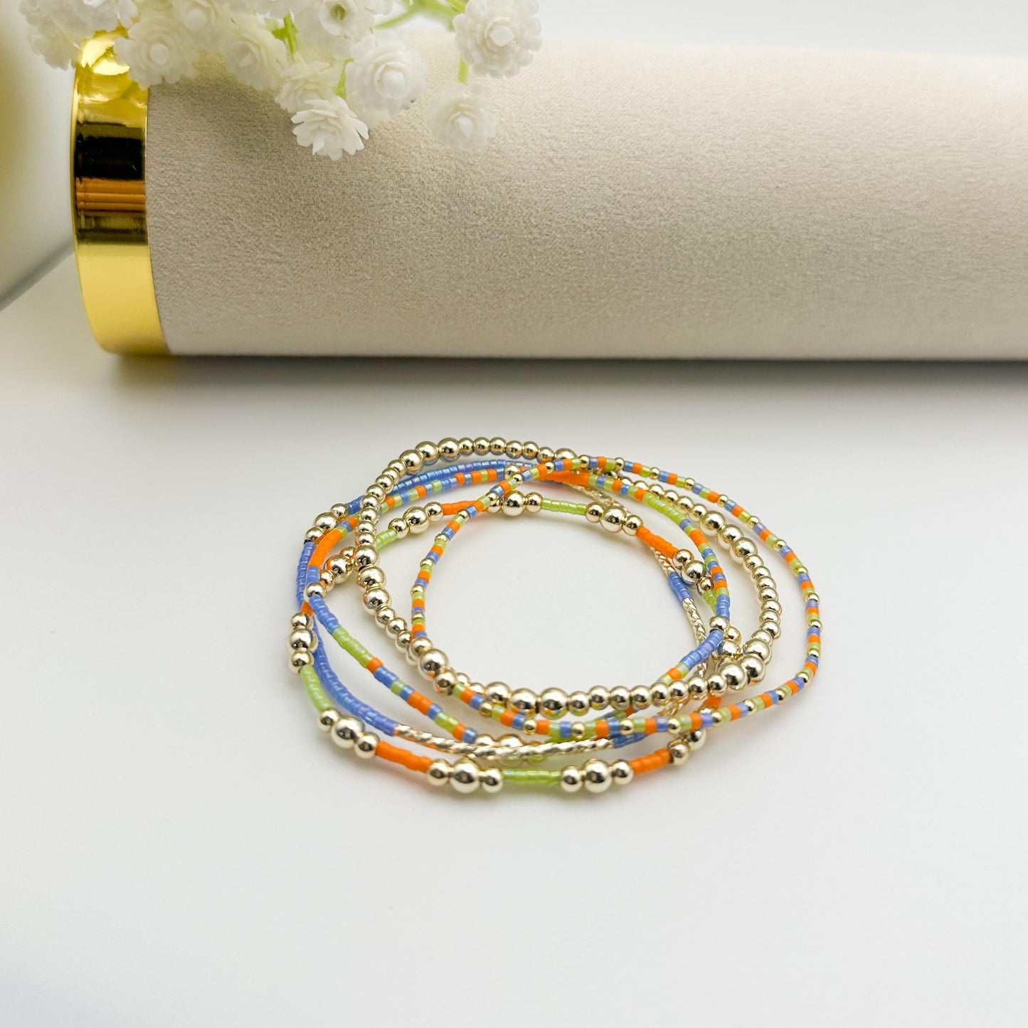 Vacay fun | 14k gold filled with green, blue and orange bracelet stack