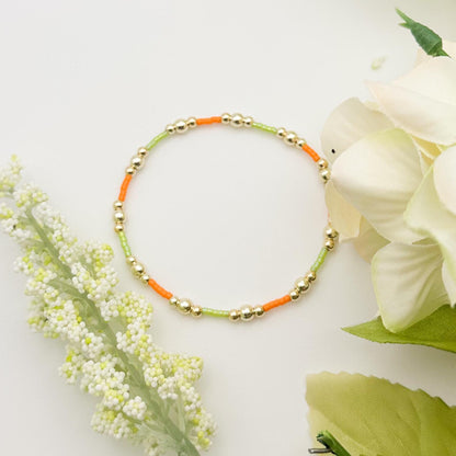 Vacay Fun | 4k Gold Filled Seed Bead Bracelet Stack: Green, Blue & Orange | beaded stretch bracelet | tiny bead | bright