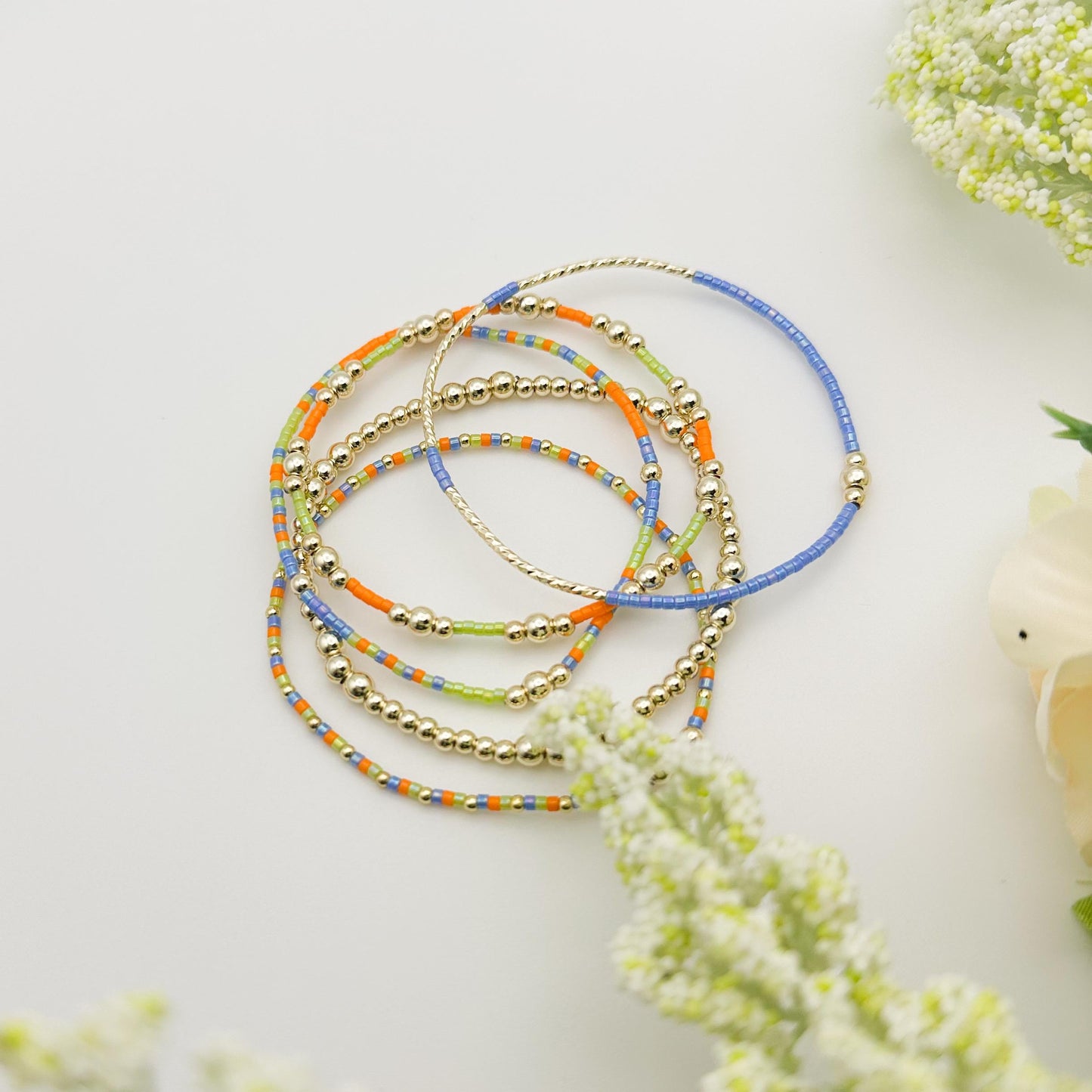 Vacay fun | 14k gold filled with green, blue and orange bracelet stack