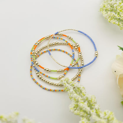 Vacay Fun | 4k Gold Filled Seed Bead Bracelet Stack: Green, Blue & Orange | beaded stretch bracelet | tiny bead | bright