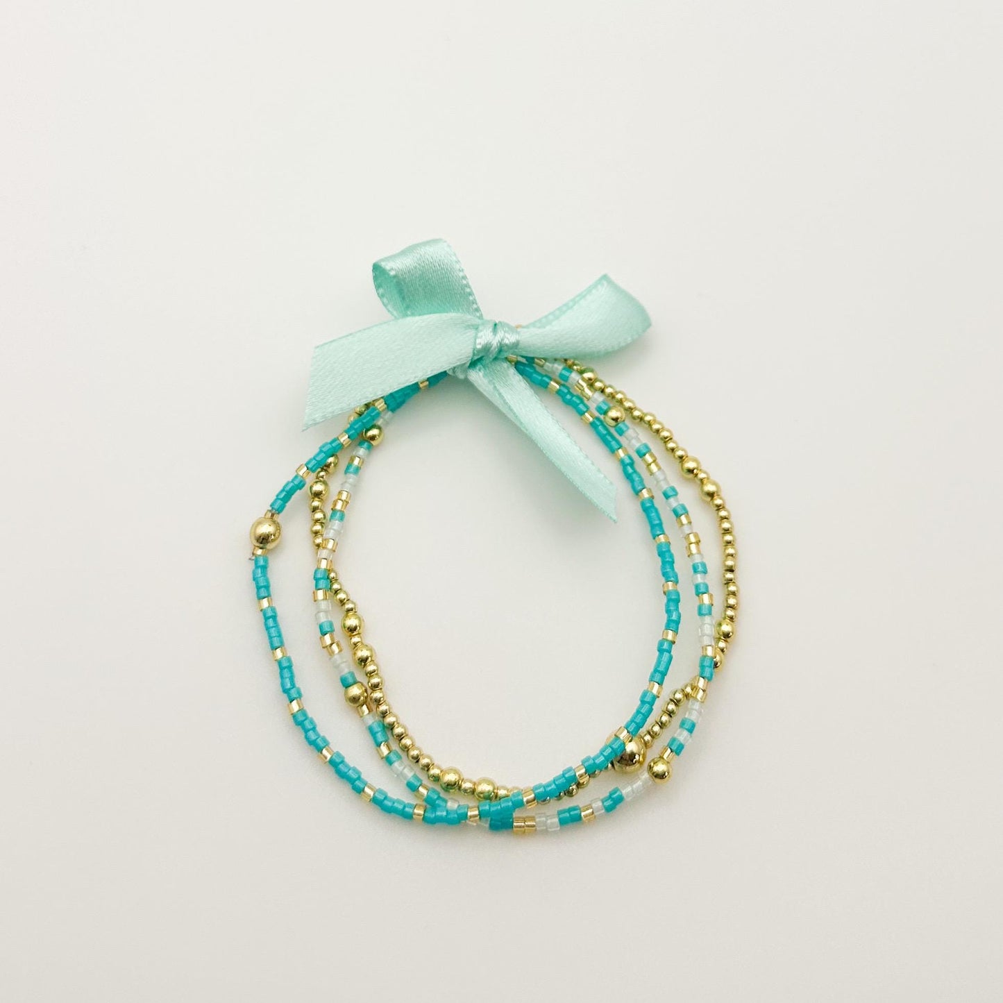 Teal Mix Seed Bead Bracelet Stack | 18k Gold Filled Stretch Bracelets | Tiny Bead Bracelets