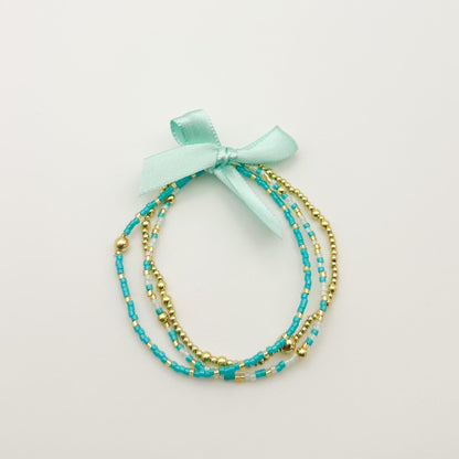 Teal Mix Seed Bead Bracelet Stack | 18k Gold Filled Stretch Bracelets | Tiny Bead Bracelets